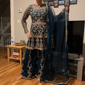 Emerald Green Embroidered Palazzo Suit